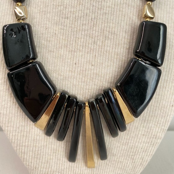 Vintage Japan Black Gold Chunky Statement Necklace - Picture 3 of 6